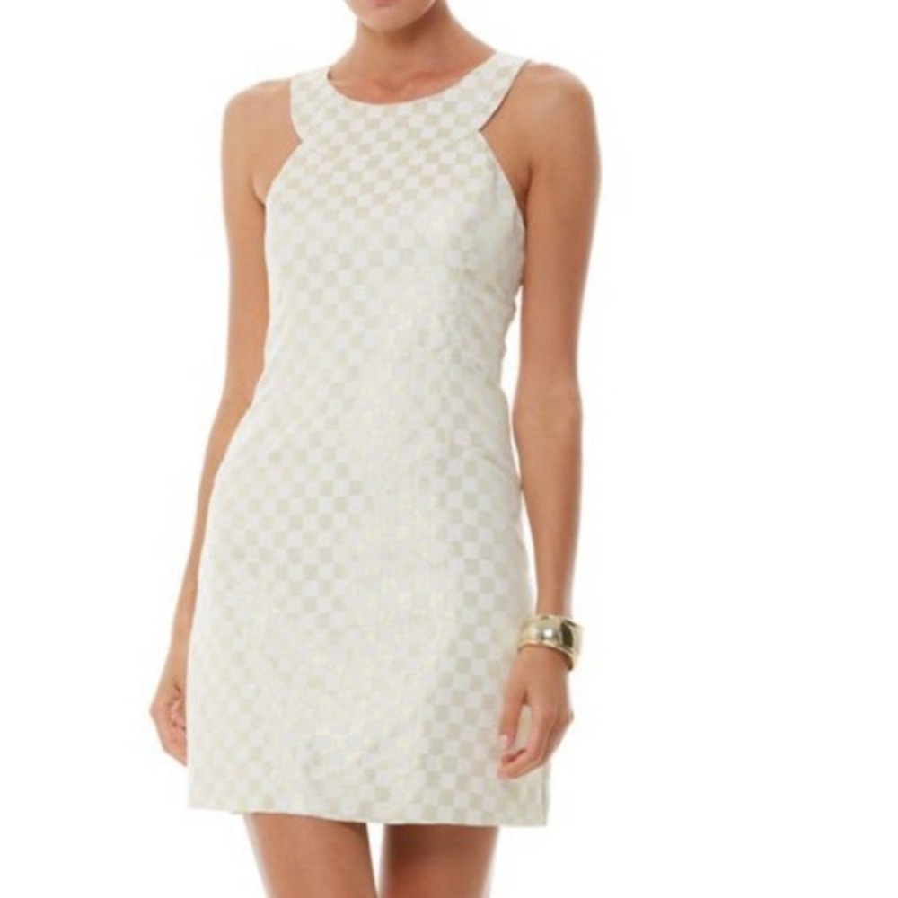 Lilly Pulitzer Jepson Dress 10‎ White Gold Metallic Check Party Preppy Classic